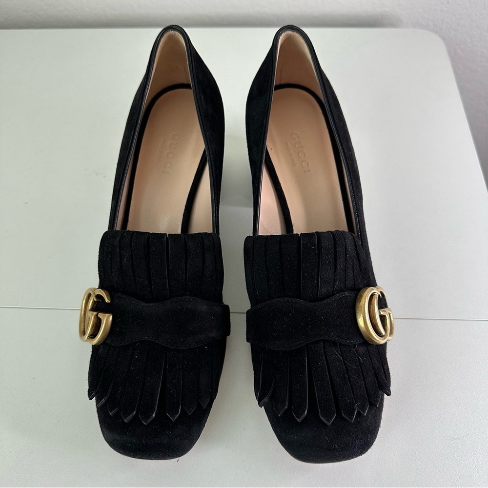 Gucci GG Marmont Pumps Black Suede Kid Scamosciato Block Heel Logo Loafers 36.5 - Picture 9 of 9